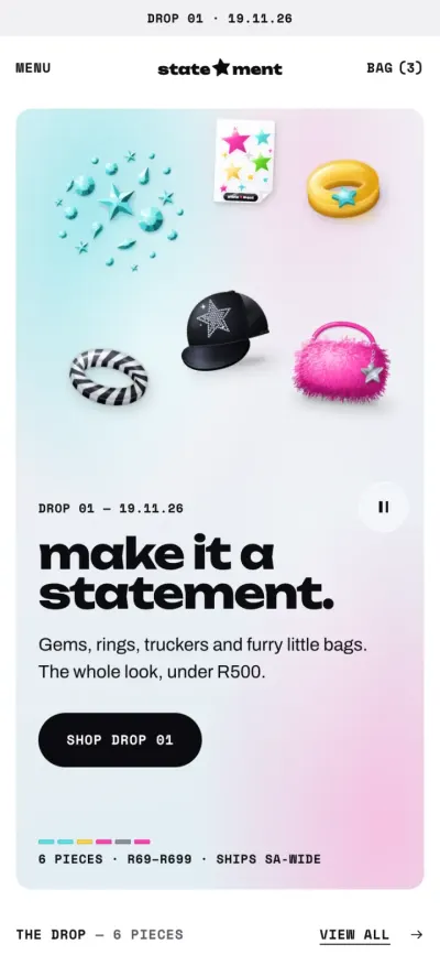 Statement homepage on a phone: the same products above the headline and a Shop Drop 01 button.